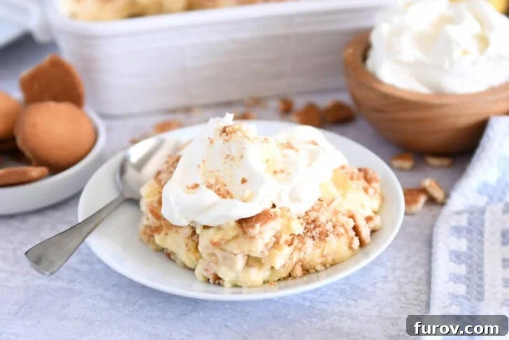 Serving of banana pudding on white plate topped with whipped cream.