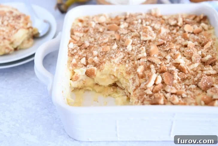 Crumbled Nilla wafers on top of vanilla pudding in white 8X8 pan with scoop taken out of corner.