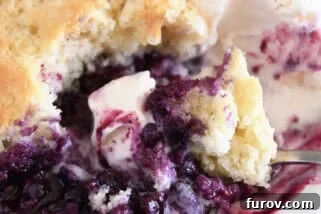 Triple berry cobbler on white plate with vanilla ice cream.