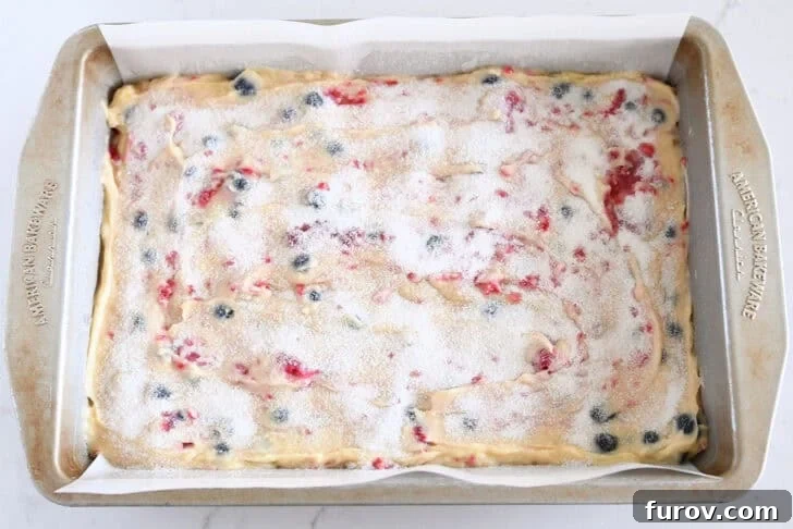 Cake batter with fresh berries spread in 9X13-inch pan and topped with sugar.