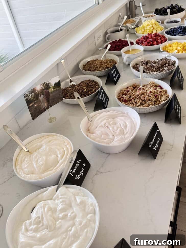 Counter with yogurt parfait bar options.