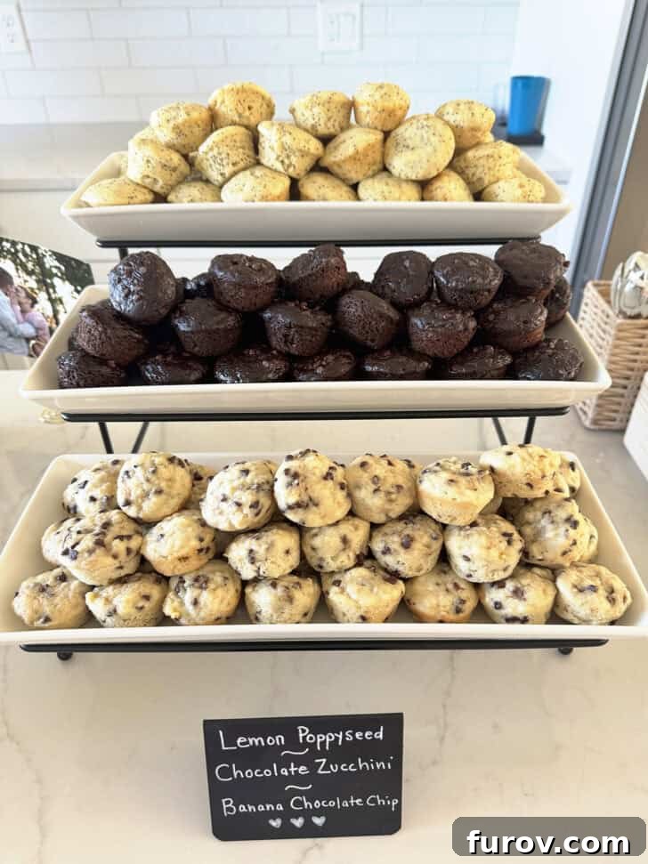 White tiered tray with a variety of mini muffins.