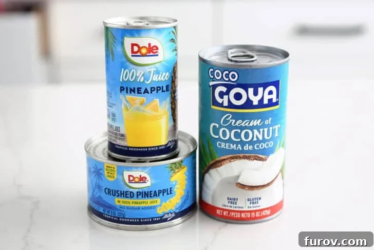 Can of pineapple juice, can of crushed pineapple, can of cream of coconut.