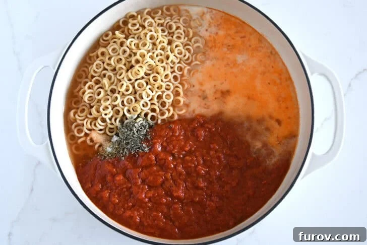 Deep skillet with small pasta, milk, red sauce, basil and oregano.